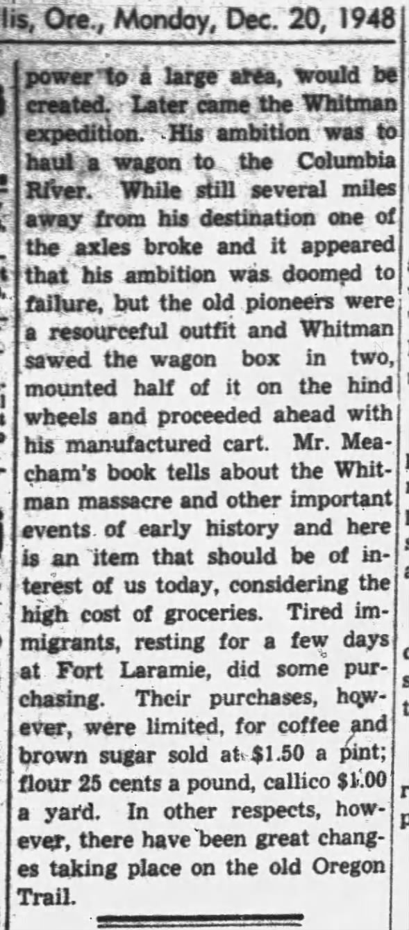 "Old Oregon Trail," 3 Corvallis Gazette-Times, December 20, 1948, p 2 col 1-2